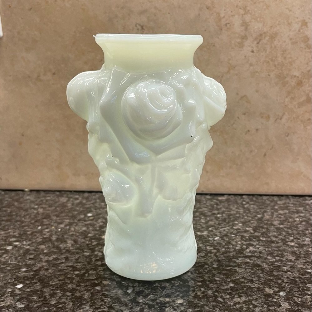Vintage Imperial Glass Roses Vase, light blue Tint 5.5” VGUC